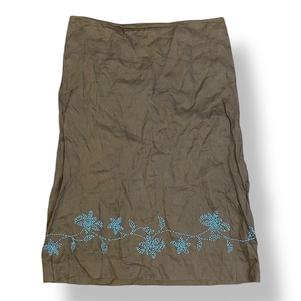 Ann Taylor Loft Linen‎ Beaded Midi Skirt Size 4 Brown Blue Boho